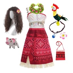 Summer Moana Dress for Kids Girls Princess Vaiana Cosplay Carnival Children Birthday Party Headwear Necklace Pet Pig Chicken Set