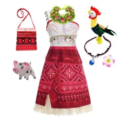 Summer Moana Dress for Kids Girls Princess Vaiana Cosplay Carnival Children Birthday Party Headwear Necklace Pet Pig Chicken Set