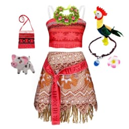 Summer Moana Dress for Kids Girls Princess Vaiana Cosplay Carnival Children Birthday Party Headwear Necklace Pet Pig Chicken Set