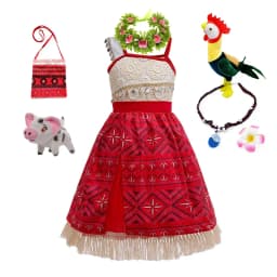 Summer Moana Dress for Kids Girls Princess Vaiana Cosplay Carnival Children Birthday Party Headwear Necklace Pet Pig Chicken Set