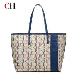 CH Tote Bag Monogram Print Large Capacity Shoulder Bag Brown Genuine Leather Trim Top Handle Handbag For Women Work Travel
