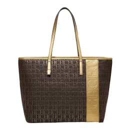 CH Tote Bag Monogram Print Large Capacity Shoulder Bag Brown Genuine Leather Trim Top Handle Handbag For Women Work Travel