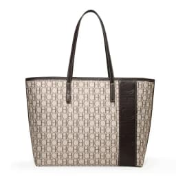 CH Tote Bag Monogram Print Large Capacity Shoulder Bag Brown Genuine Leather Trim Top Handle Handbag For Women Work Travel