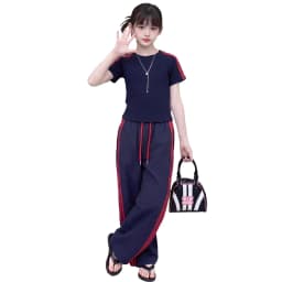 summer cotton teen girl sport clothes set Round Neck short t-shirt+Wide Leg pants 2pcs junior kid sportswear outfits Casual suit