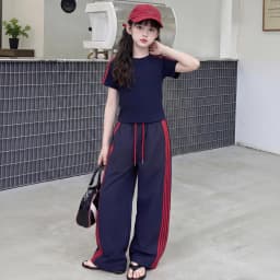 summer cotton teen girl sport clothes set Round Neck short t-shirt+Wide Leg pants 2pcs junior kid sportswear outfits Casual suit