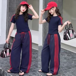 summer cotton teen girl sport clothes set Round Neck short t-shirt+Wide Leg pants 2pcs junior kid sportswear outfits Casual suit