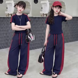 summer cotton teen girl sport clothes set Round Neck short t-shirt+Wide Leg pants 2pcs junior kid sportswear outfits Casual suit