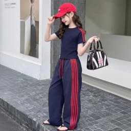 summer cotton teen girl sport clothes set Round Neck short t-shirt+Wide Leg pants 2pcs junior kid sportswear outfits Casual suit