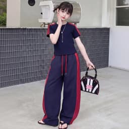 summer cotton teen girl sport clothes set Round Neck short t-shirt+Wide Leg pants 2pcs junior kid sportswear outfits Casual suit