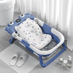 Foldable Baby Bathtub with Built-in Thermometer Non-slip Support Legs Soft Bath Mat PP TPE Portable Baby Bath Tub for Home Travel