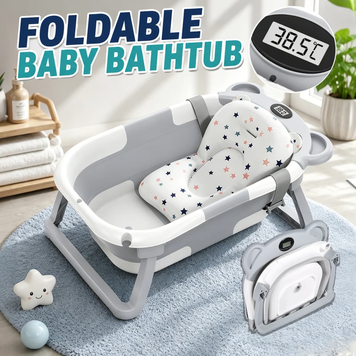 Foldable Baby Bathtub with Built-in Thermometer Non-slip Support Legs Soft Bath Mat PP TPE Portable Baby Bath Tub for Home Travel
