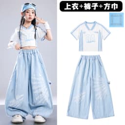 Girls Light Blue Print Crop Tops Letter Print Wide Leg Pants Hip Hop Dance Outfit Kids Jazz Stage Performance Costume Streetwear