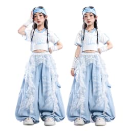 Girls Light Blue Print Crop Tops Letter Print Wide Leg Pants Hip Hop Dance Outfit Kids Jazz Stage Performance Costume Streetwear