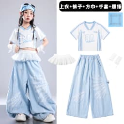 Girls Light Blue Print Crop Tops Letter Print Wide Leg Pants Hip Hop Dance Outfit Kids Jazz Stage Performance Costume Streetwear