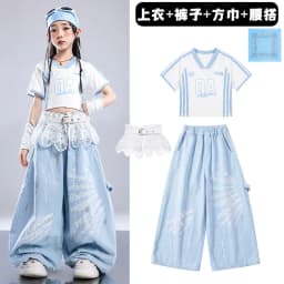 Girls Light Blue Print Crop Tops Letter Print Wide Leg Pants Hip Hop Dance Outfit Kids Jazz Stage Performance Costume Streetwear