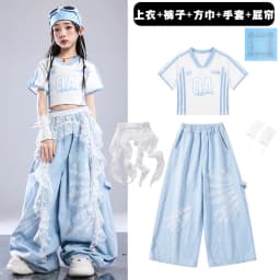 Girls Light Blue Print Crop Tops Letter Print Wide Leg Pants Hip Hop Dance Outfit Kids Jazz Stage Performance Costume Streetwear