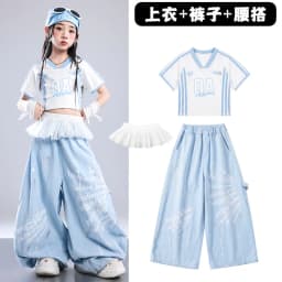 Girls Light Blue Print Crop Tops Letter Print Wide Leg Pants Hip Hop Dance Outfit Kids Jazz Stage Performance Costume Streetwear
