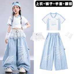 Girls Light Blue Print Crop Tops Letter Print Wide Leg Pants Hip Hop Dance Outfit Kids Jazz Stage Performance Costume Streetwear