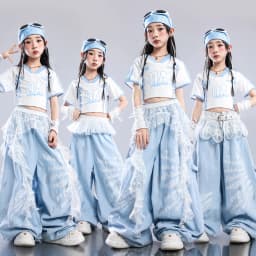 Girls Light Blue Print Crop Tops Letter Print Wide Leg Pants Hip Hop Dance Outfit Kids Jazz Stage Performance Costume Streetwear