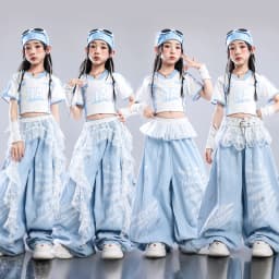 Girls Light Blue Print Crop Tops Letter Print Wide Leg Pants Hip Hop Dance Outfit Kids Jazz Stage Performance Costume Streetwear