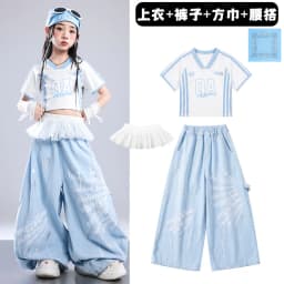 Girls Light Blue Print Crop Tops Letter Print Wide Leg Pants Hip Hop Dance Outfit Kids Jazz Stage Performance Costume Streetwear