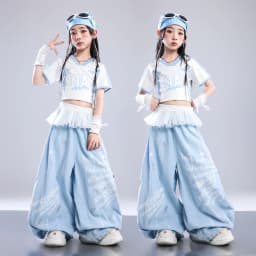 Girls Light Blue Print Crop Tops Letter Print Wide Leg Pants Hip Hop Dance Outfit Kids Jazz Stage Performance Costume Streetwear