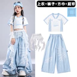 Girls Light Blue Print Crop Tops Letter Print Wide Leg Pants Hip Hop Dance Outfit Kids Jazz Stage Performance Costume Streetwear