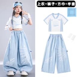 Girls Light Blue Print Crop Tops Letter Print Wide Leg Pants Hip Hop Dance Outfit Kids Jazz Stage Performance Costume Streetwear