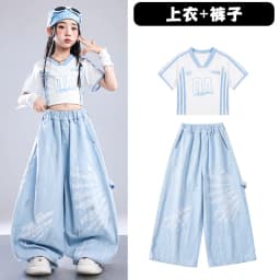 Girls Light Blue Print Crop Tops Letter Print Wide Leg Pants Hip Hop Dance Outfit Kids Jazz Stage Performance Costume Streetwear