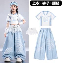 Girls Light Blue Print Crop Tops Letter Print Wide Leg Pants Hip Hop Dance Outfit Kids Jazz Stage Performance Costume Streetwear