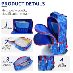 3PCS Rolling Backpack For Boys, Kids Travel Bag, Luggage Bag, Bookbag with Wheels, with Lunch Box And Pen Bag, Syk Blue Cartoon Soccer Pattern, Nighttime Reflective