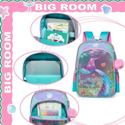 Girls Sequin Mermaid Backpack Set with Lunch Box, Lightweight Cute Bookbag for Kindergarten & Elementary Students