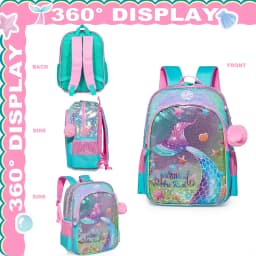 Girls Sequin Mermaid Backpack Set with Lunch Box, Lightweight Cute Bookbag for Kindergarten & Elementary Students