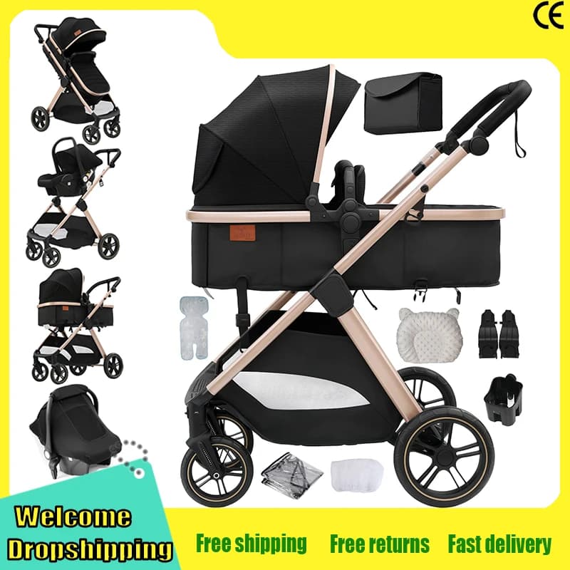 Luxury 3-in-1 Baby Stroller Portable Newborns Pram Travel System Foldable High View Buggy with Car Seat Two-way Carriage New