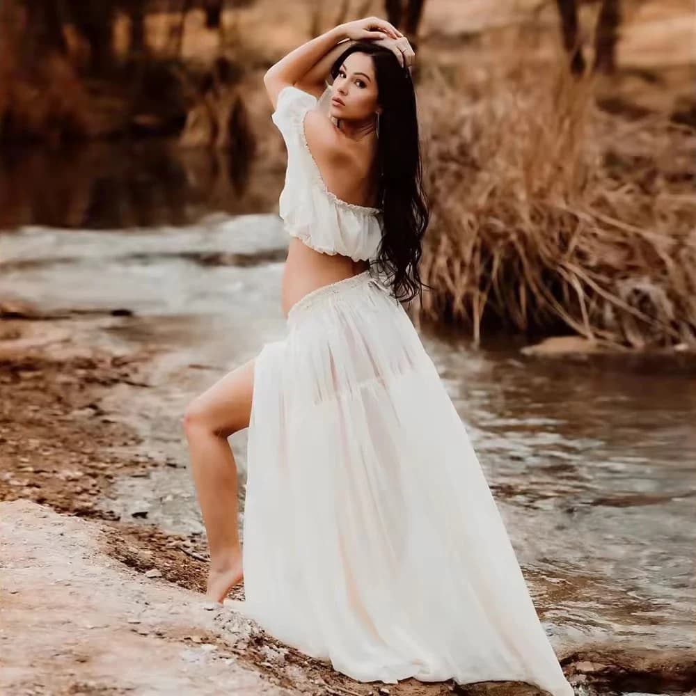 Silk Soft Organza Boho Two-Piece Maternity Dress Set Crop Top and Elastic Waist Skirt for Pregnancy Photoshoot YEWEN YW230309