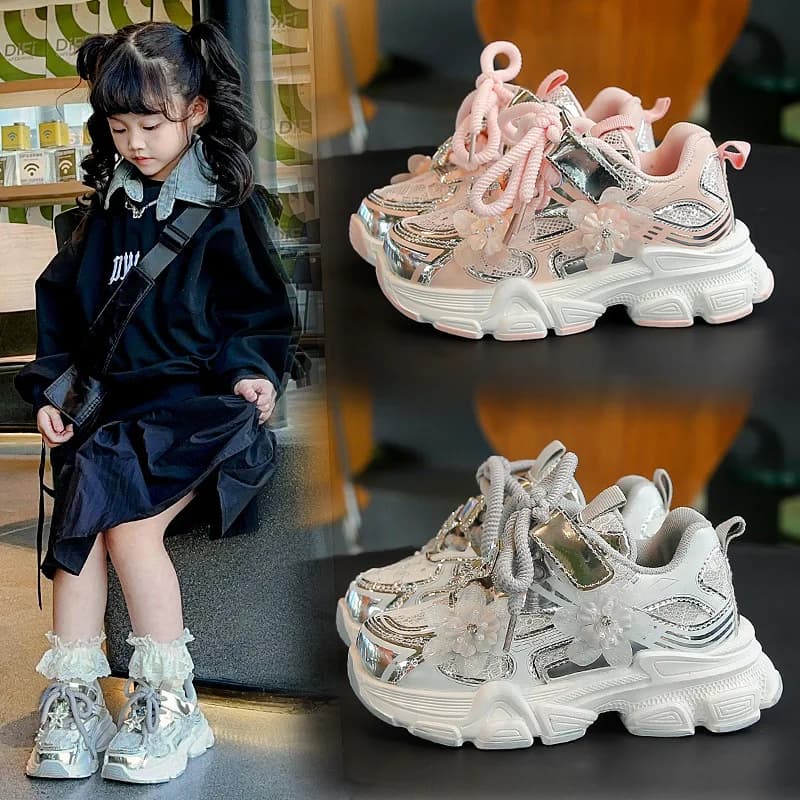 Kids Sneakers Princess Style Children Sports Shoes Non-slip Thick Soft Sole 2025 New Fashion Girls Running Shoes Sweet Elegant