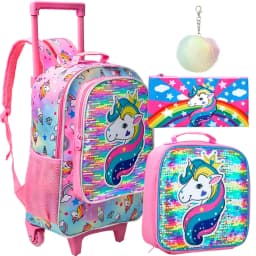 3PCS Rolling Backpack for Girls Kids Roller Wheels Bookbag with Lunch Bag Pink Unicorn Glow-in-the-dark Function