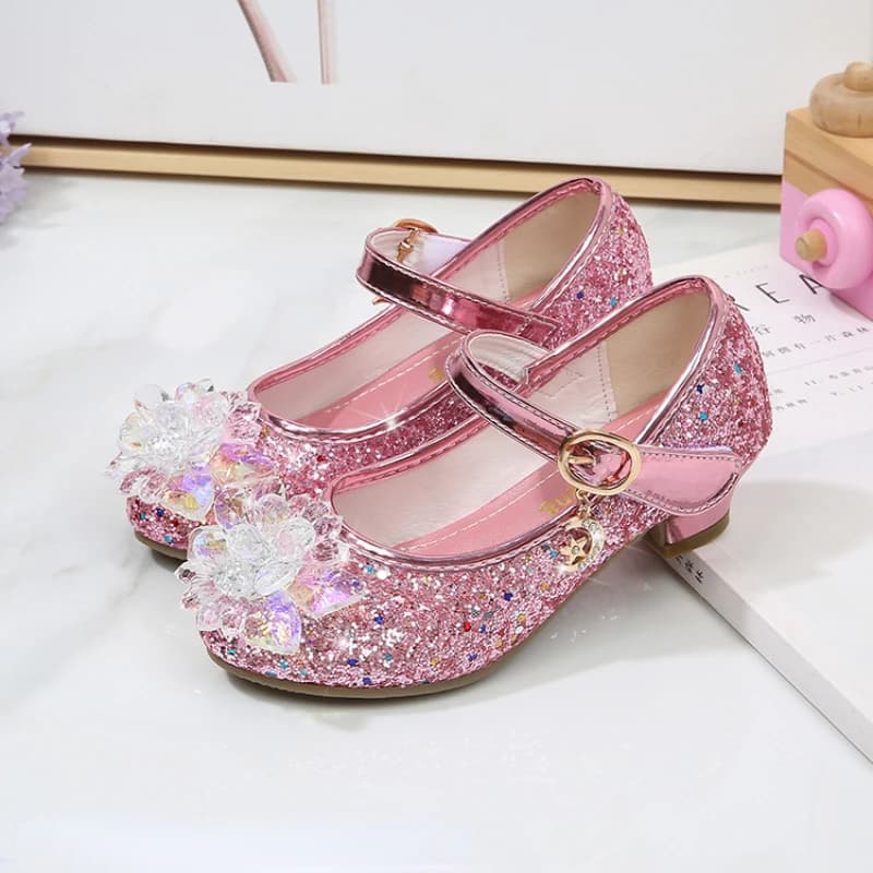 Girls Princess Leather Shoes Crystal Kids Sequins High Heel Shoes Fashion Chic Rhinestone Children's Glitter Dance Dress Shoes