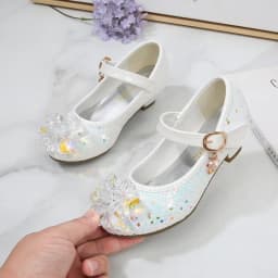 Girls Princess Leather Shoes Crystal Kids Sequins High Heel Shoes Fashion Chic Rhinestone Children's Glitter Dance Dress Shoes