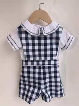 Plaid Baby Boys Outfit Short Sleeves Bodysuit Suspender Toddler Anniversary Costume Spring Summer Suit