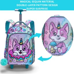 3PCS Set Rolling Backpack For Girls, Cute Cartoon Green Lucky Puppy Sequin Design Wheeled Bags With Lunch Box And Pen Bag