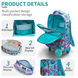 3PCS Set Rolling Backpack For Girls, Cute Cartoon Green Lucky Puppy Sequin Design Wheeled Bags With Lunch Box And Pen Bag
