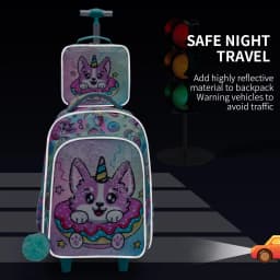 3PCS Set Rolling Backpack For Girls, Cute Cartoon Green Lucky Puppy Sequin Design Wheeled Bags With Lunch Box And Pen Bag