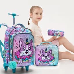 3PCS Set Rolling Backpack For Girls, Cute Cartoon Green Lucky Puppy Sequin Design Wheeled Bags With Lunch Box And Pen Bag