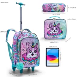 3PCS Set Rolling Backpack For Girls, Cute Cartoon Green Lucky Puppy Sequin Design Wheeled Bags With Lunch Box And Pen Bag