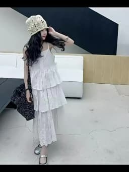 2025 summer white big girl dress child Korean suspender skirt junior kids western-style cake skirt teen Princess Dresses 130-180