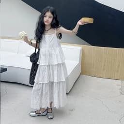 2025 summer white big girl dress child Korean suspender skirt junior kids western-style cake skirt teen Princess Dresses 130-180