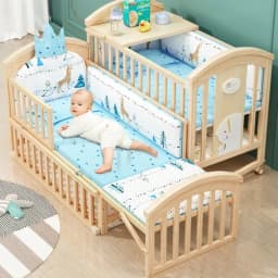 2025 New Height-adjustable Solid Wood Crib, Removable, with Diaper Changing Table and Mosquito Net, Multifunctional Crib