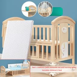 2025 New Height-adjustable Solid Wood Crib, Removable, with Diaper Changing Table and Mosquito Net, Multifunctional Crib