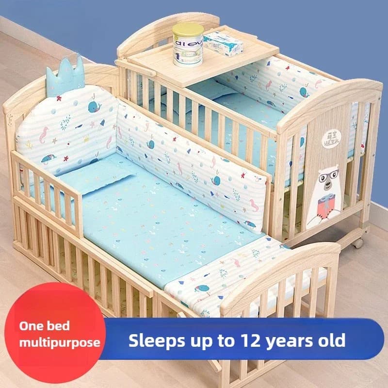 2025 New Height-adjustable Solid Wood Crib, Removable, with Diaper Changing Table and Mosquito Net, Multifunctional Crib